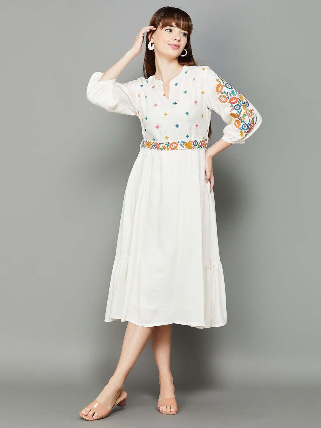 colour me by melange floral embroidered puff sleeves belted a-line dress