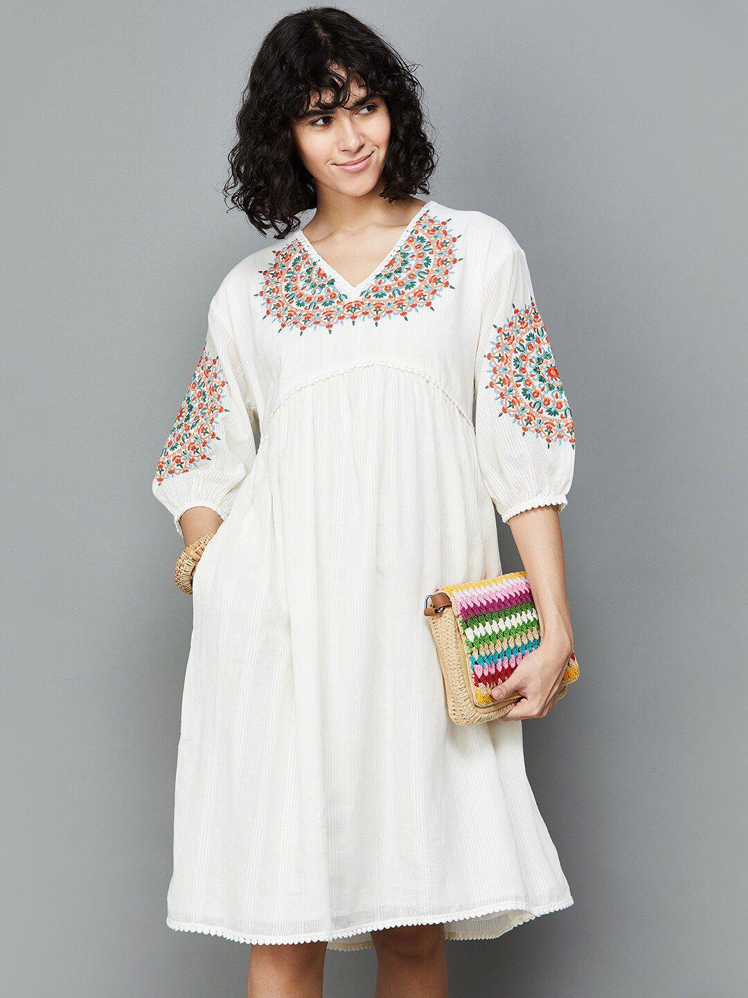 colour me by melange floral embroidered puff sleeves gathered cotton empire dress