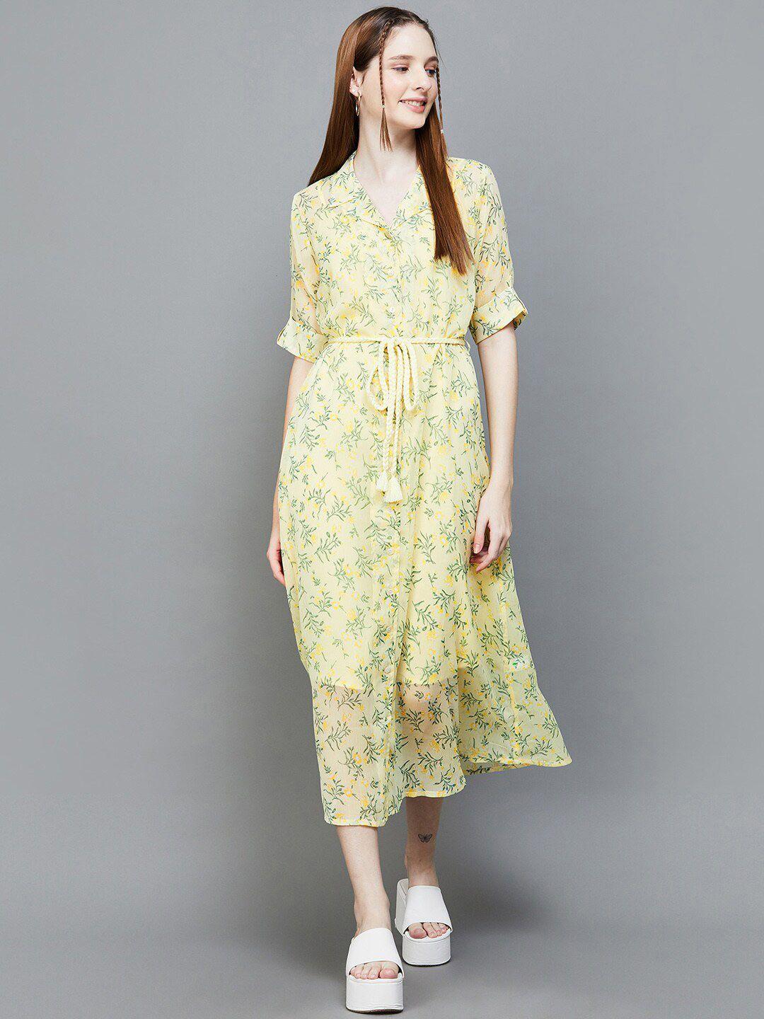 colour me by melange floral printed mandarin collar a-line midi dress