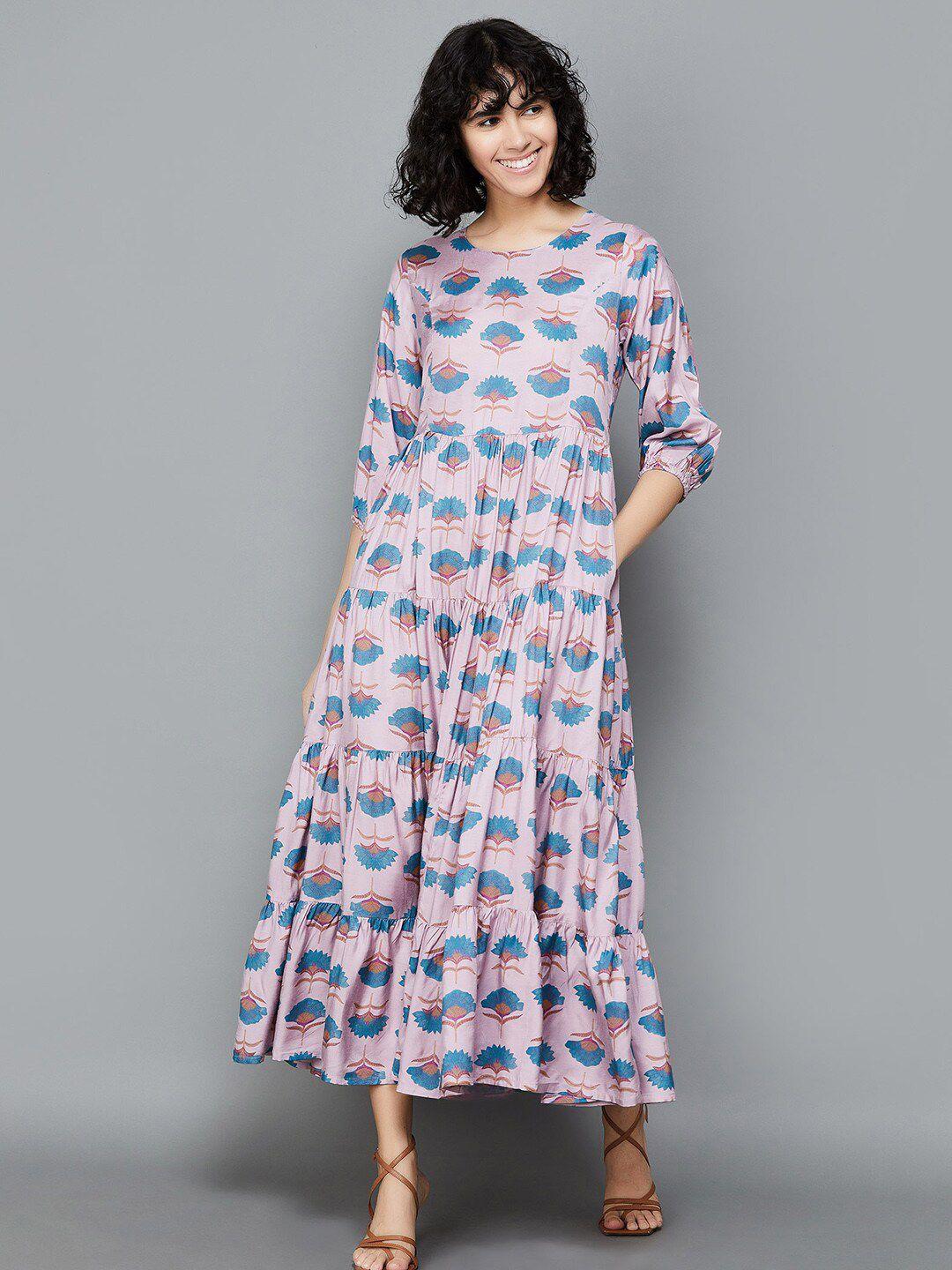 colour me by melange floral printed puff sleeves layered  a-line midi dress