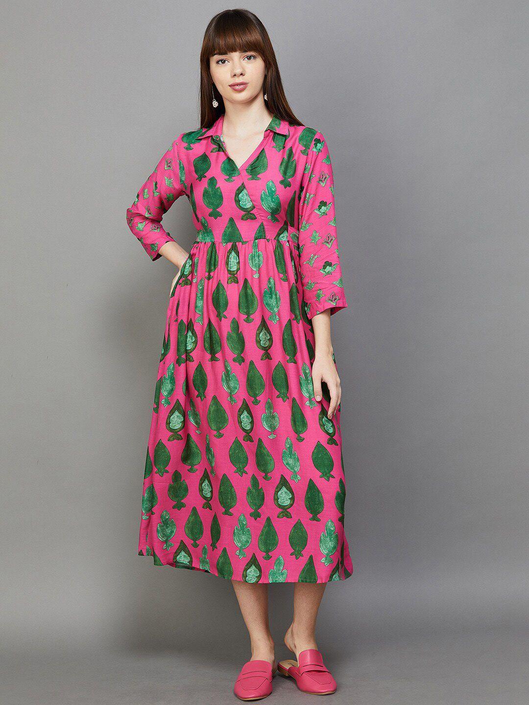 colour me by melange floral printed shirt collar pleated fit & flare midi dress