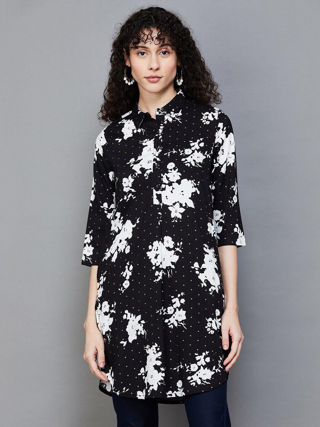 colour me by melange floral printed shirt collar straight kurti