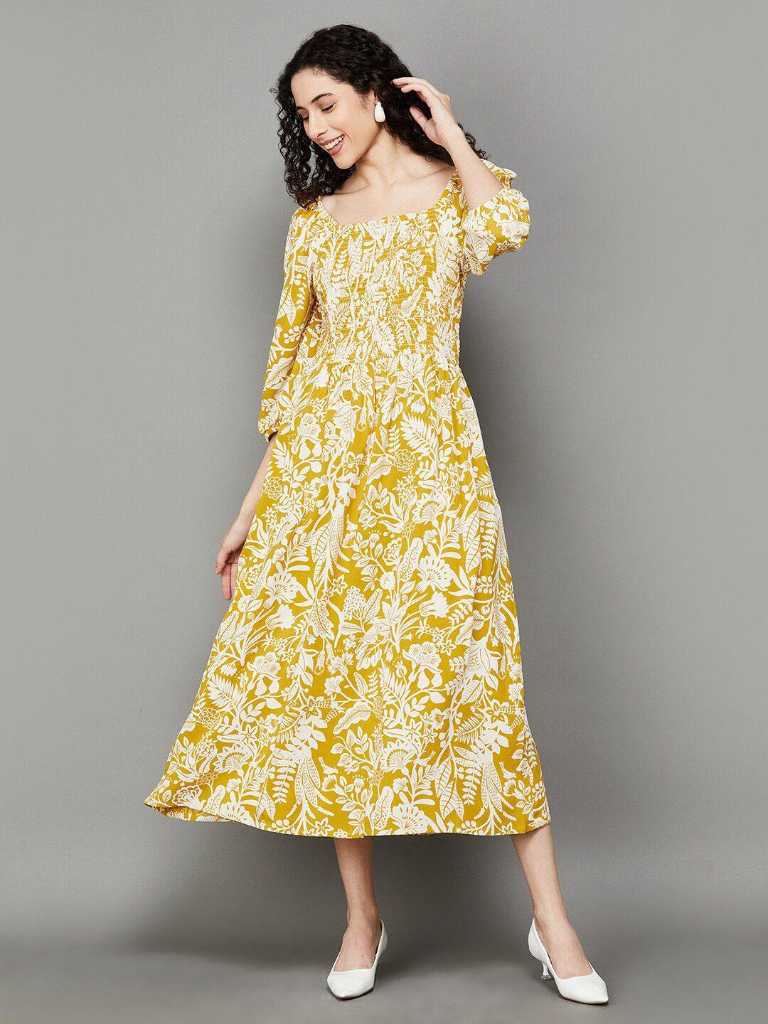 colour me by melange floral printed smocked detailed puff sleeve fit & flare dress