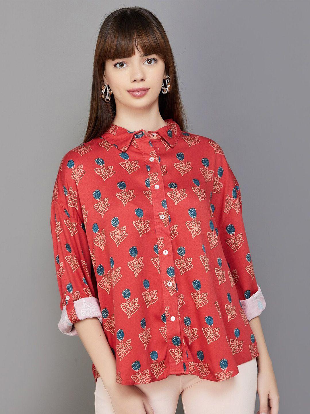 colour me by melange floral printed spread collar casual shirt