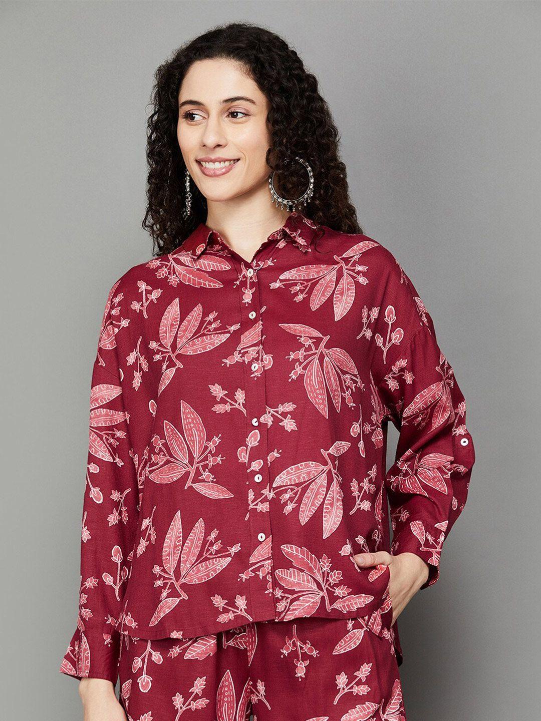 colour me by melange floral printed spread collar roll-up sleeves casual shirt