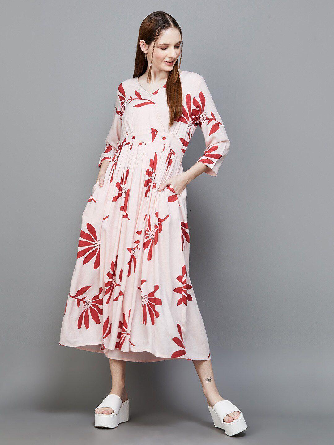 colour me by melange floral printed tie-up neck wrap flared midi dress