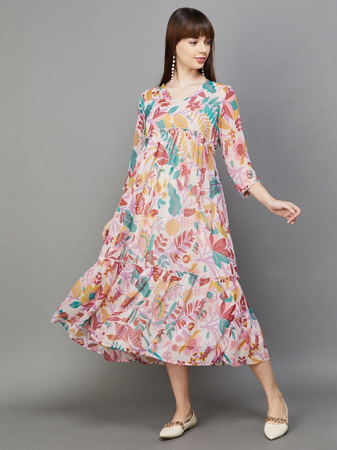 colour me by melange floral printed v-neck fit &flare pleated dress