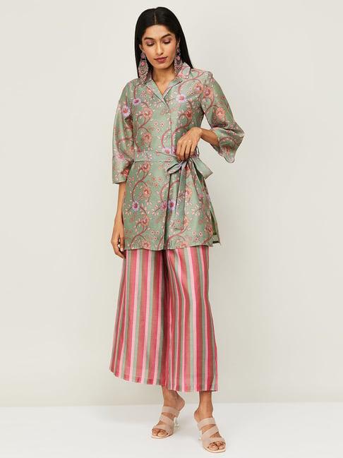 colour me by melange green printed kurti palazzo set