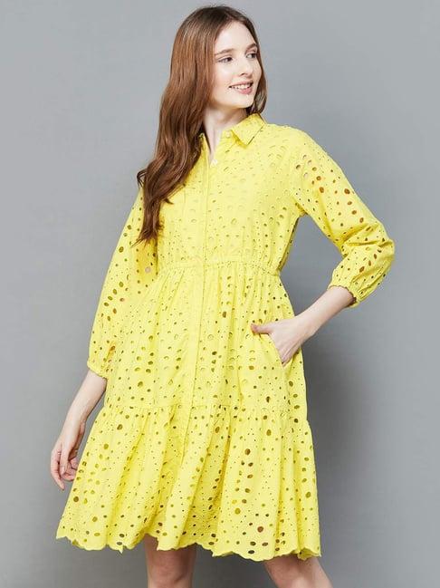 colour me by melange lime yellow cotton self pattern shirt dress