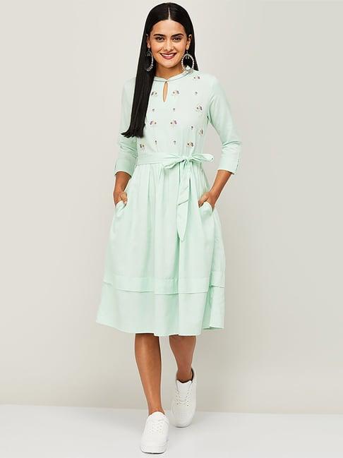 colour me by melange mint green cotton embroidered a-line dress