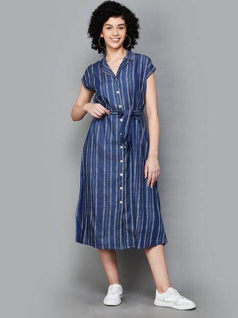 colour me by melange navy & white cotton striped shirt dress