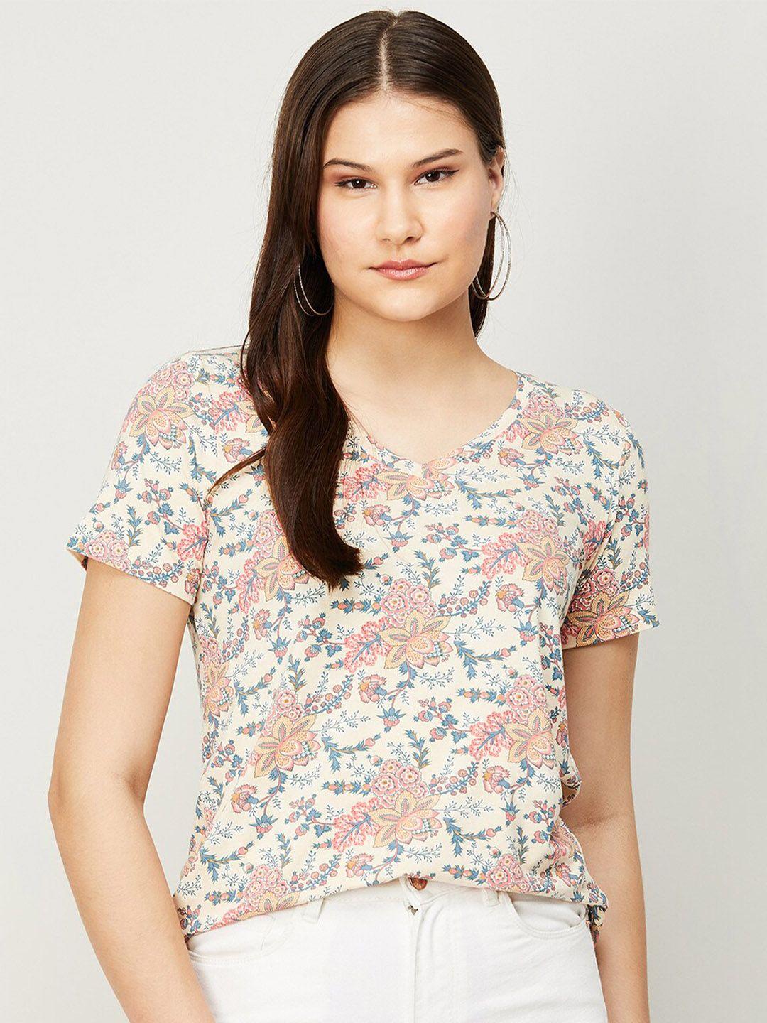 colour me by melange off white & peach-coloured floral print top