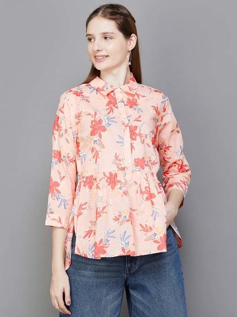 colour me by melange peach cotton floral print top