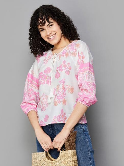 colour me by melange pink & white cotton floral print top