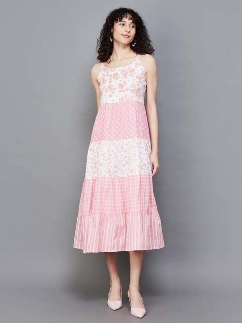 colour me by melange pink cotton printed a-line dress