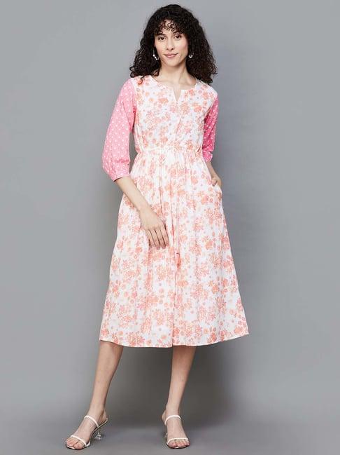colour me by melange pink cotton printed a-line dress