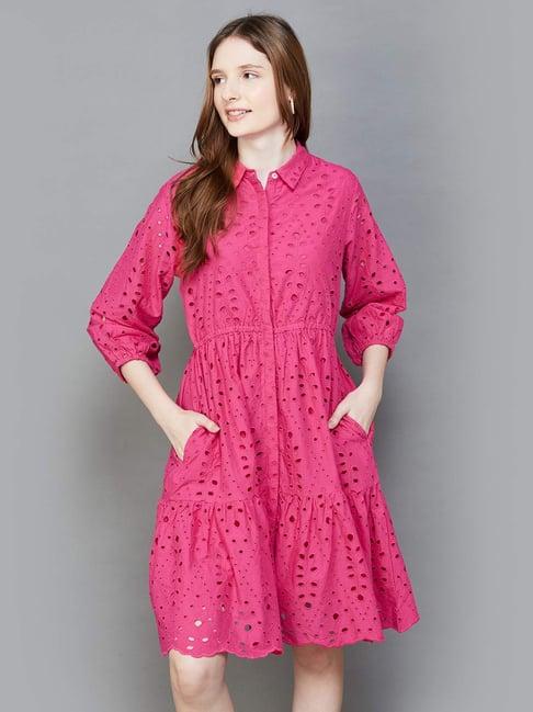 colour me by melange pink cotton self pattern shirt dress