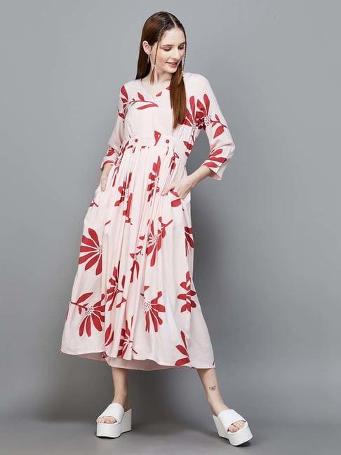 colour me by melange pink floral print a-line dress