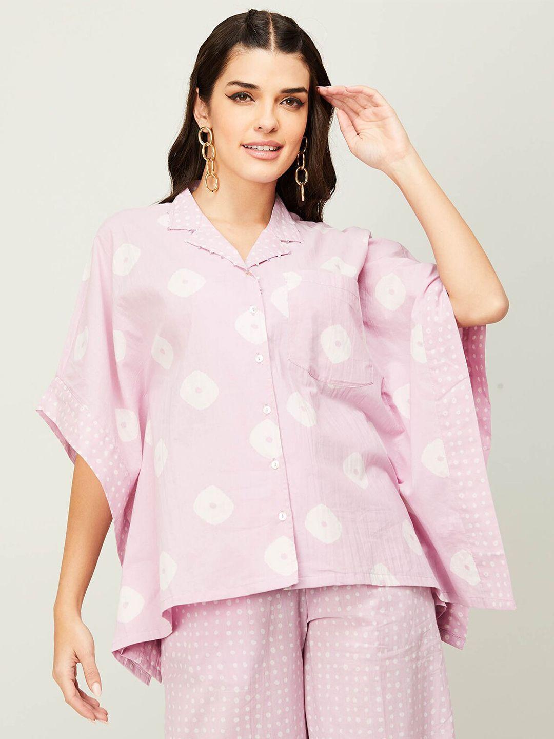 colour me by melange print flared sleeves shirt style cotton top