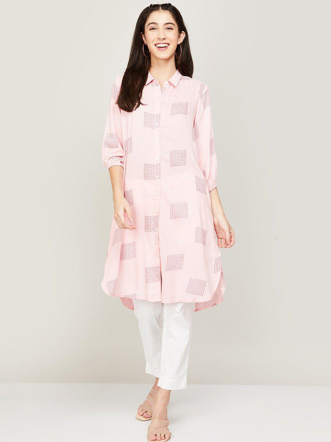 colour me by melange printed shirt collar puff sleeves straight kurta