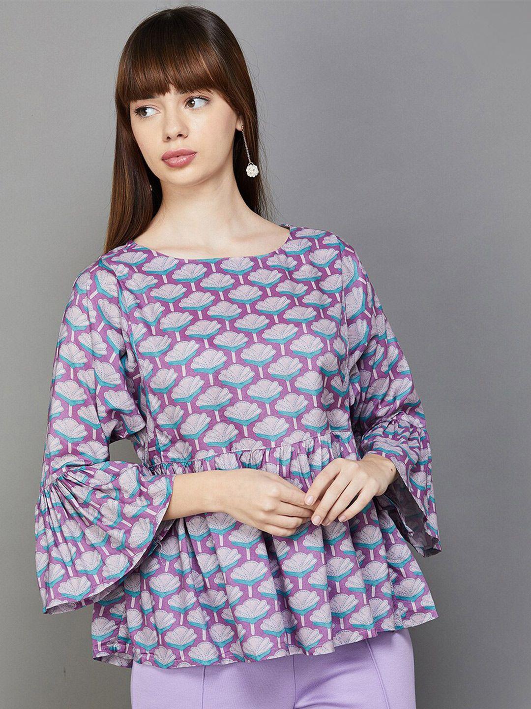 colour me by melange purple floral print bell sleeve top