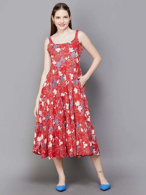 colour me by melange red cotton floral print a-line dress