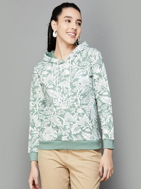 colour me by melange sage green cotton floral print hoodie