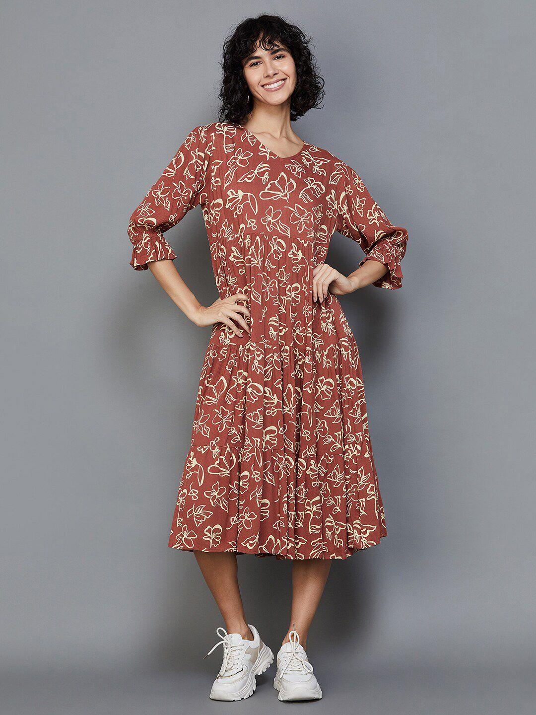 colour me by melange v neck floral printed puff sleeve belted  tiered cotton a-line dress