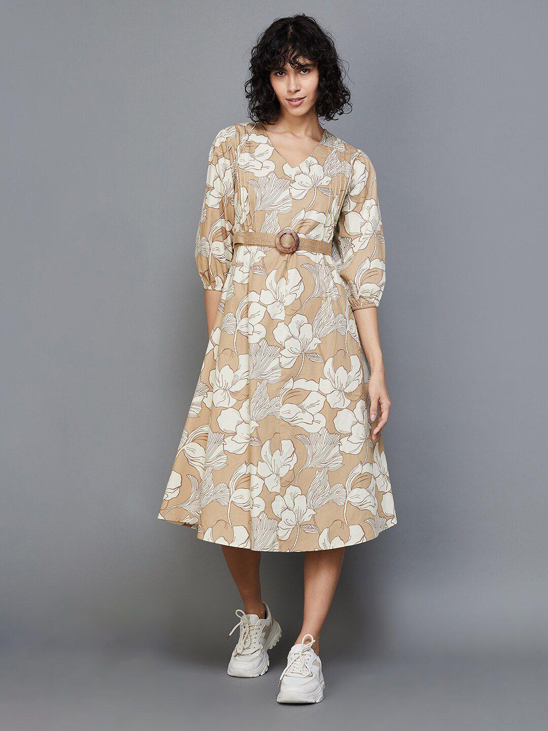 colour me by melange v neck floral printed puff sleeve belted cotton a-line midi dress