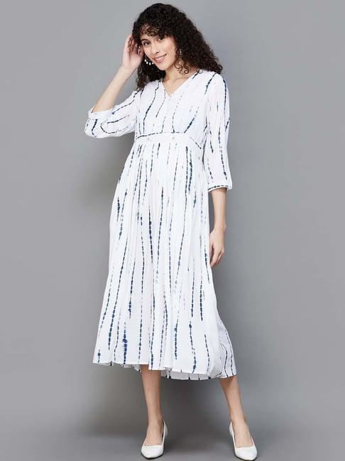 colour me by melange white & blue printed a-line dress