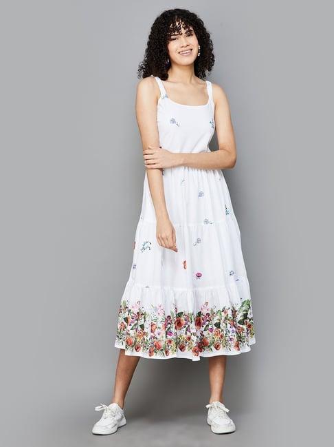 colour me by melange white cotton floral print midi dress