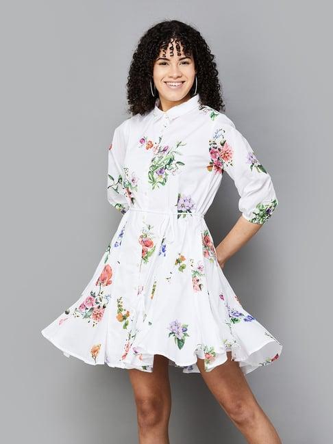 colour me by melange white cotton floral print shirt dress