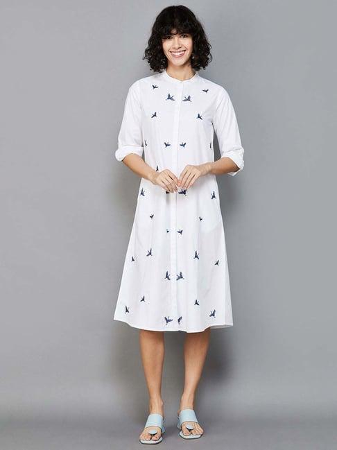 colour me by melange white cotton printed a-line dress