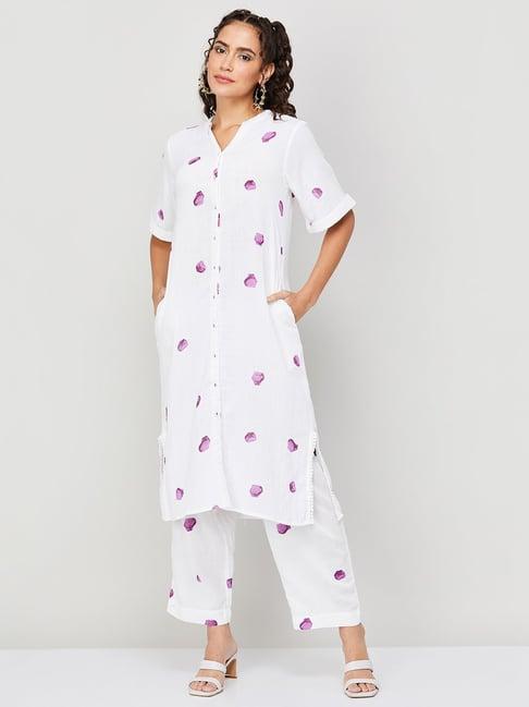 colour me by melange white cotton printed kurta pant set