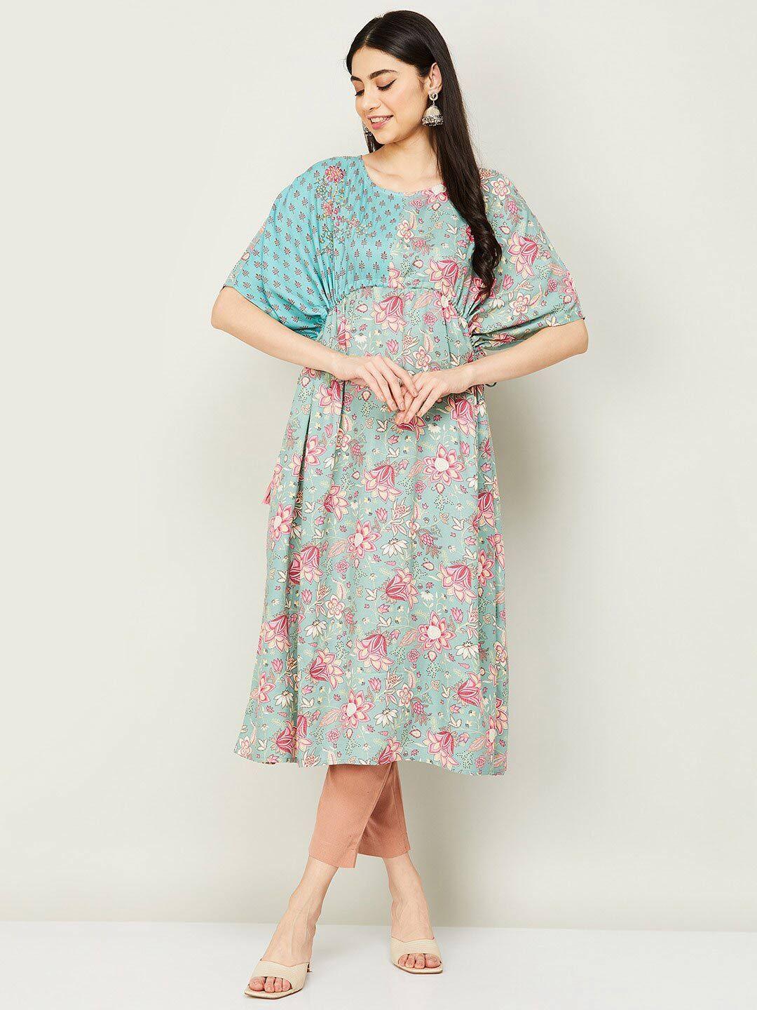 colour me by melange women blue & pink floral kaftan dress