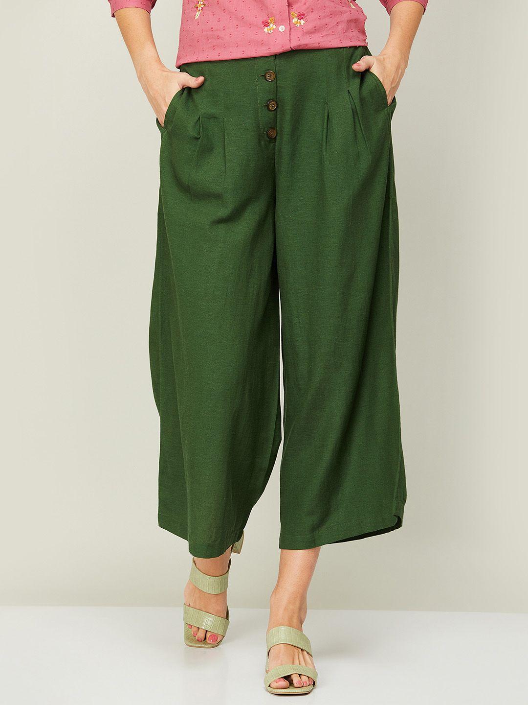 colour me by melange women green pleated culottes trousers