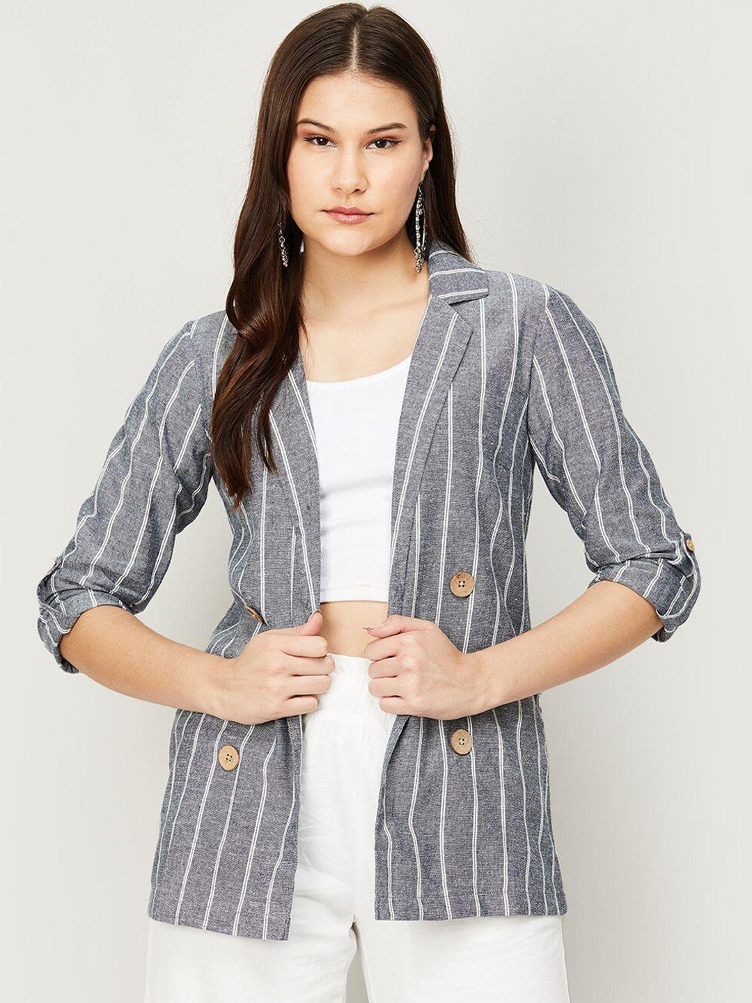 colour me by melange women grey striped lightweight open front jacket