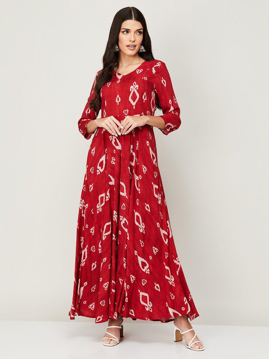 colour me by melange women red printed three-quarter sleeves maxi dress