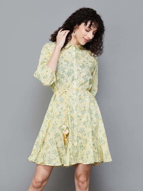 colour me by melange yellow cotton printed shirt dress