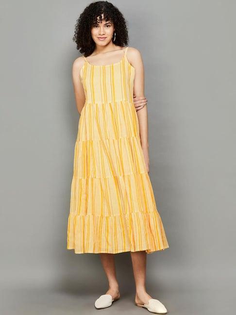 colour me by melange yellow cotton striped a-line dress