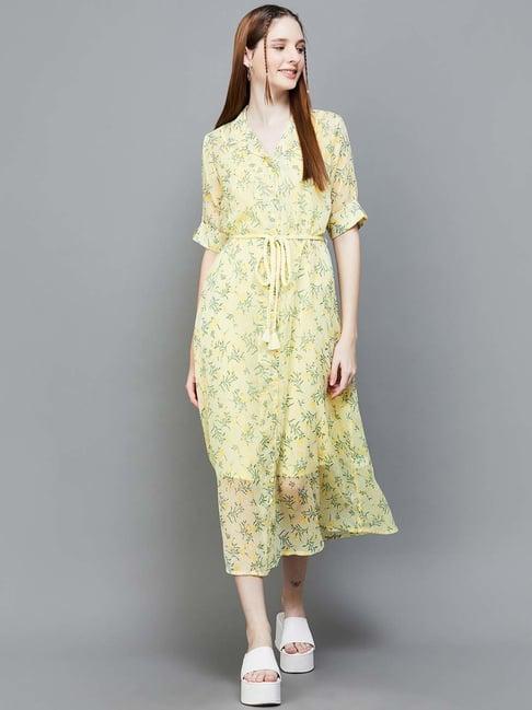 colour me by melange yellow floral print a-line with inner