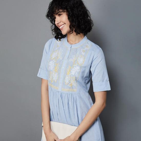 colour me women embroidered band-collared a-line dress