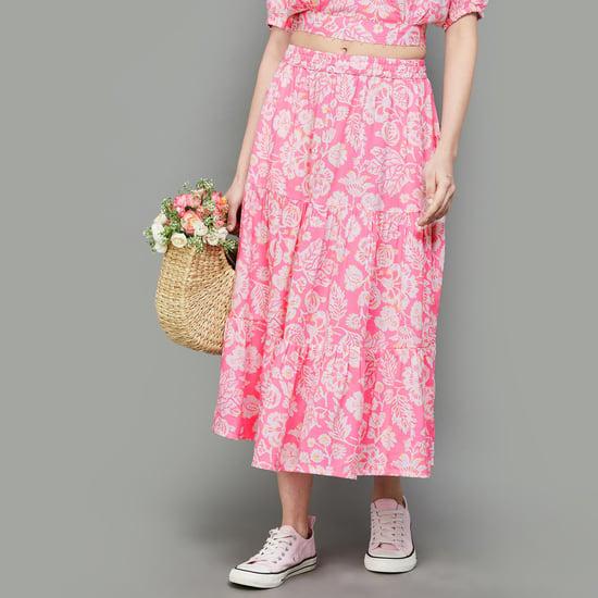 colour me women floral printed tiered midi skirt