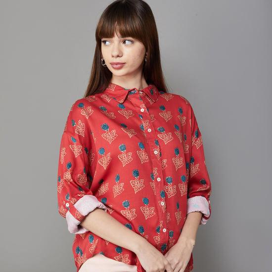 colour me women printed collared casual shirt