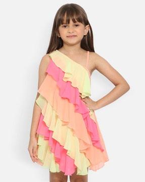 colourblock a-line dress with ruffle detail