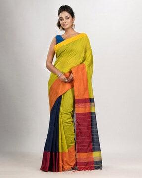 colourblock cotton saree with tassels