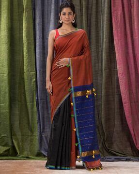 colourblock handloom saree with tassels