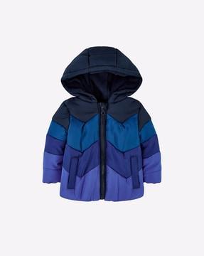 colourblock hooded puffer jacket with slip pockets