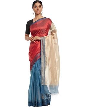 colourblock cotton saree with tassels