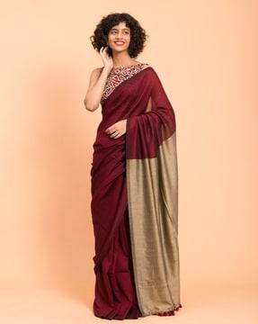 colourblock cotton saree with tassels